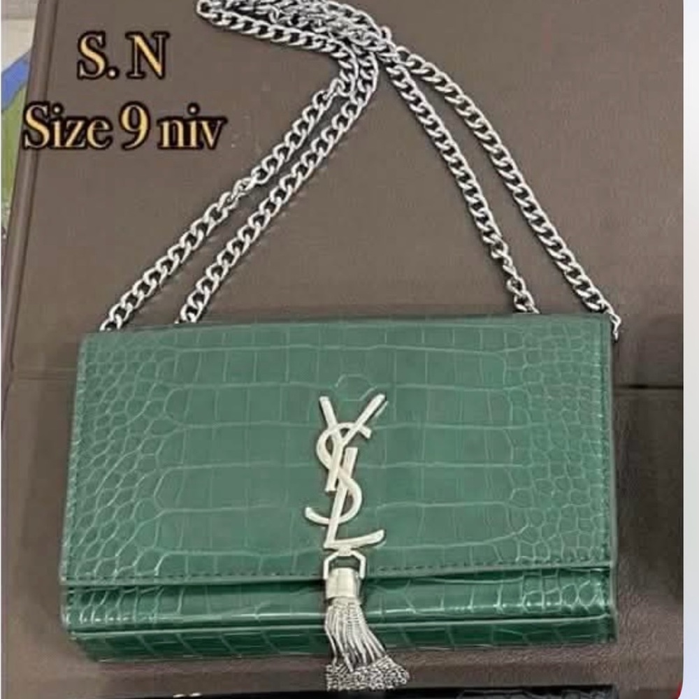 Saint Laurent Green Croc-Embossed Tassel Chain Crossbody
